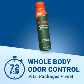 Mando deodorant can showing the Clover Woods scent label