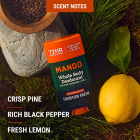 Mando deodorant stick on a bathroom counter