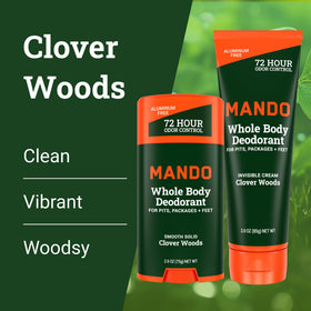 Mando Whole Body Deodorant cream tube and solid stick packaging