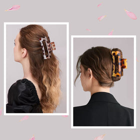 Mandydov large hair claw clip in blue colour on a model