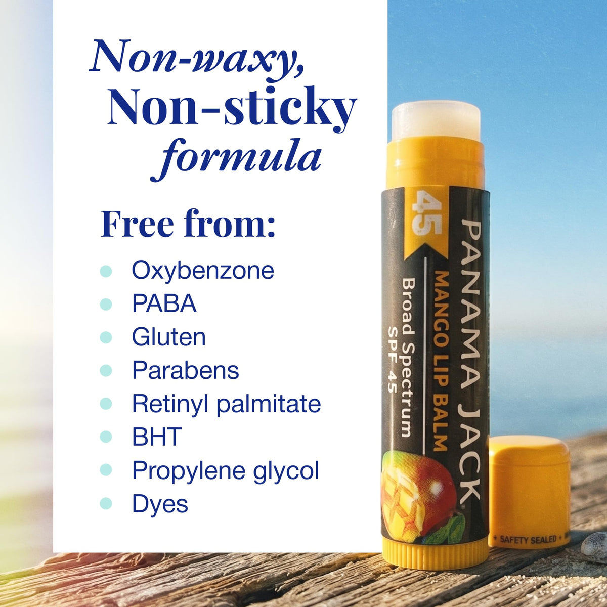 Mango flavour Panama Jack Sunscreen Lip Balm SPF 45 on a wooden table
