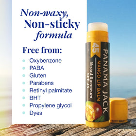 Mango flavour Panama Jack Sunscreen Lip Balm SPF 45 on a wooden table