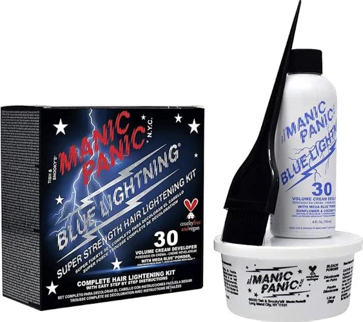 MANIC PANIC Blue Lightning Hair Bleach Kit contents including bleach powder and developer