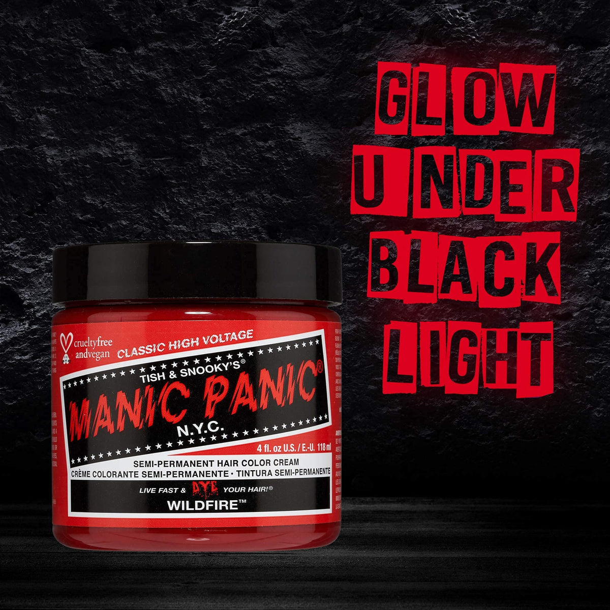MANIC PANIC Classic Wildfire Hair Colour glowing under black light