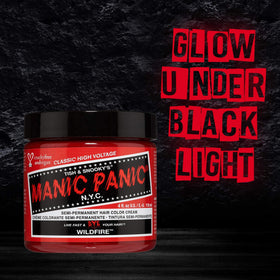 MANIC PANIC Classic Wildfire Hair Colour glowing under black light