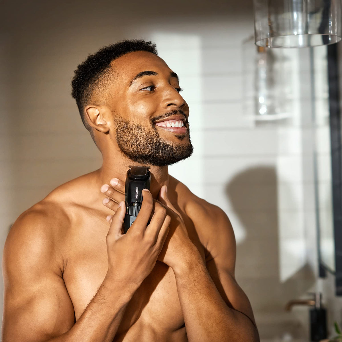MANSCAPED beard shampoo bottle on a wooden surface
