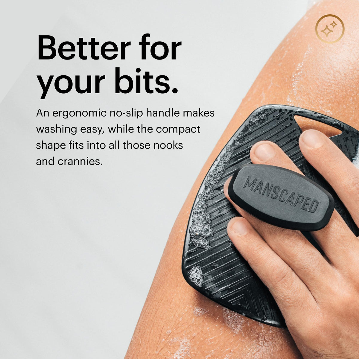 MANSCAPED Body Buffer silicone scrubber in a bathroom setting