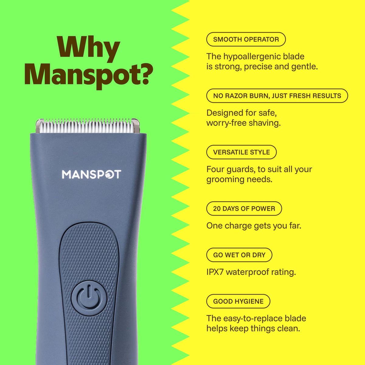 MANSPOT Groin & Body Hair Trimmer side view showing blade