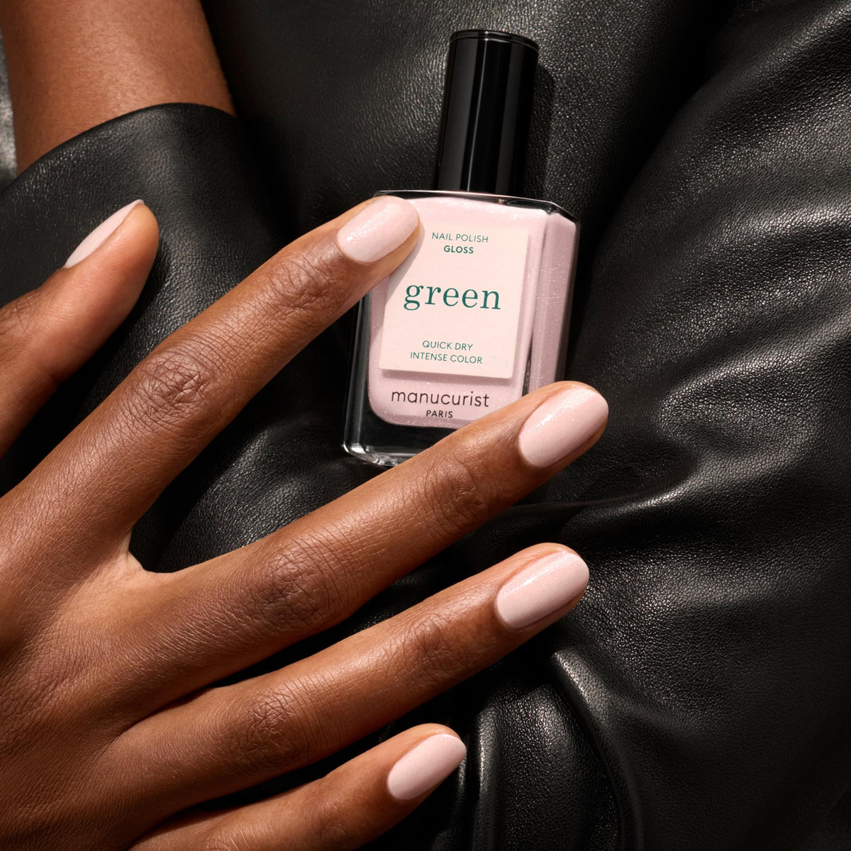 Manucurist Green Gloss Iridescent White Nail Polish application on nails