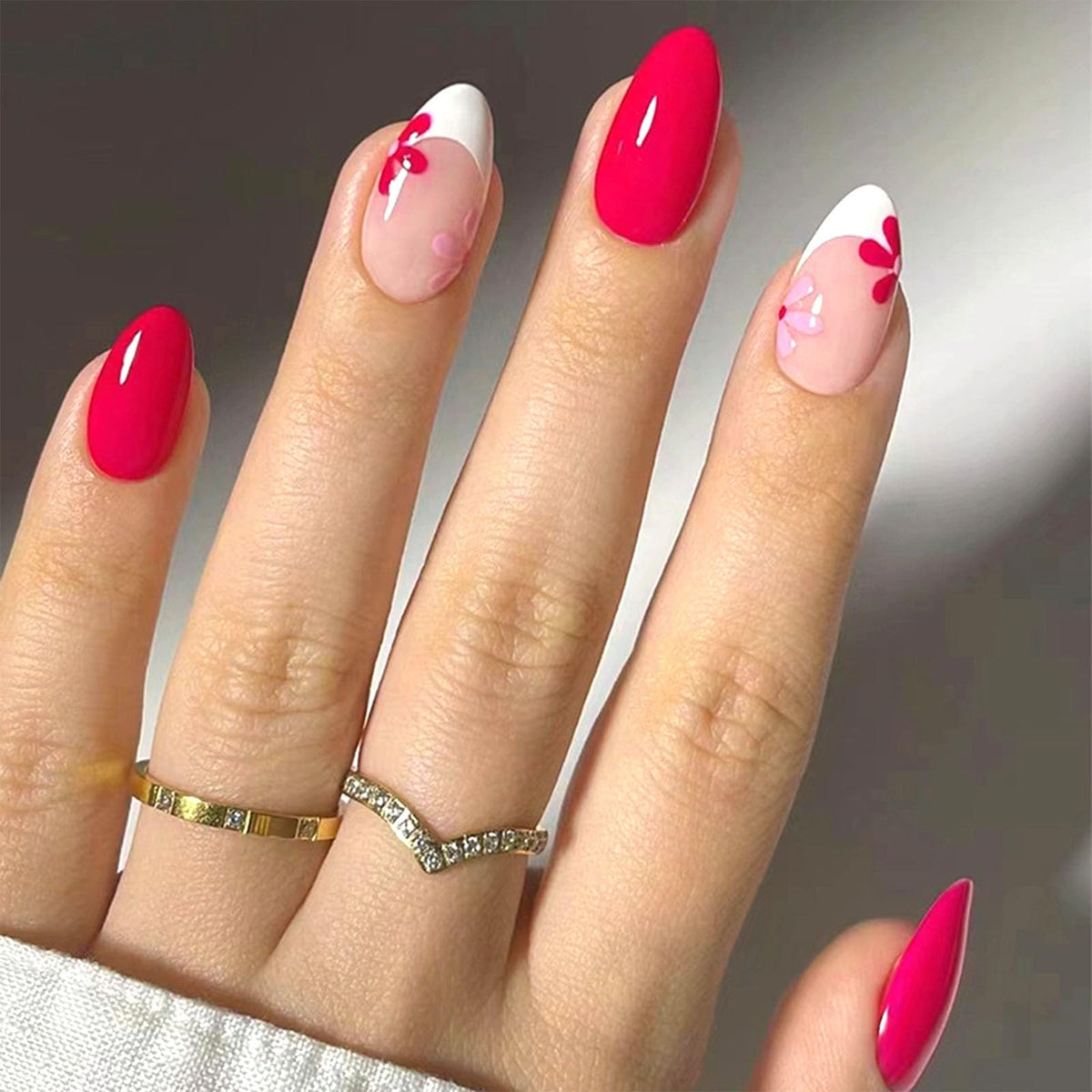 MAOTTIE Almond Press On Nails front view with white French tip