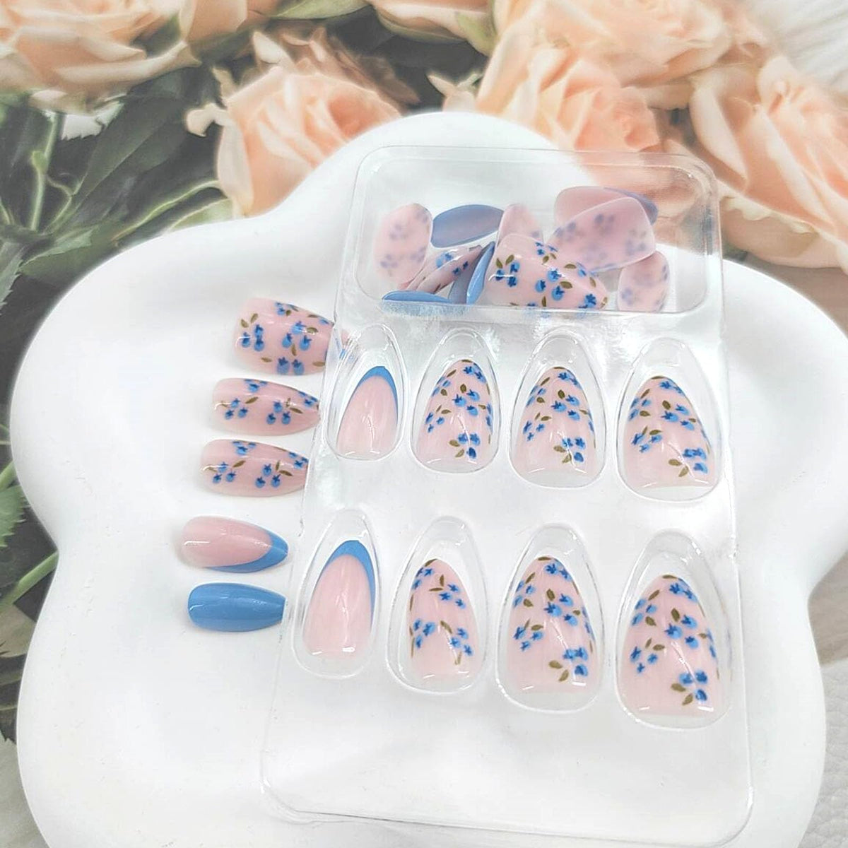 MAOTTIE Press On Nails Almond Blue French Tip with accessories