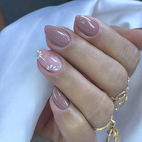 MAOTTIE Short Almond Press On Nails with white flower design front view