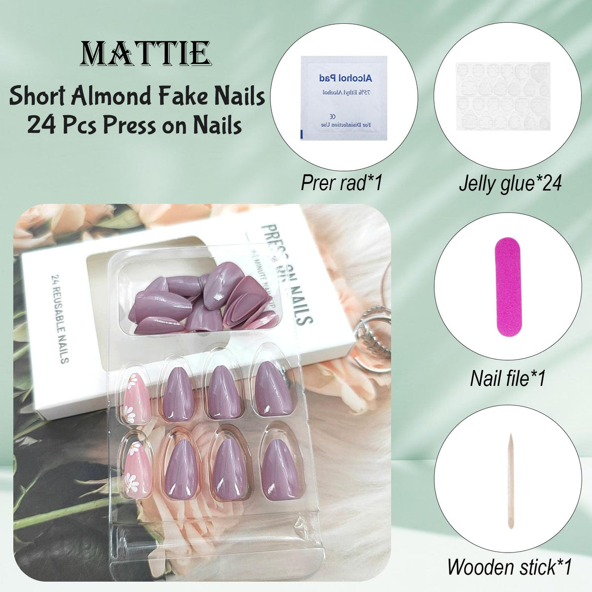 MAOTTIE Short Almond Press On Nails with wooden stick for application