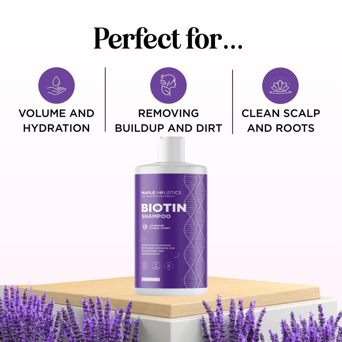 Maple Holistics Lavender Biotin Shampoo with lavender flowers