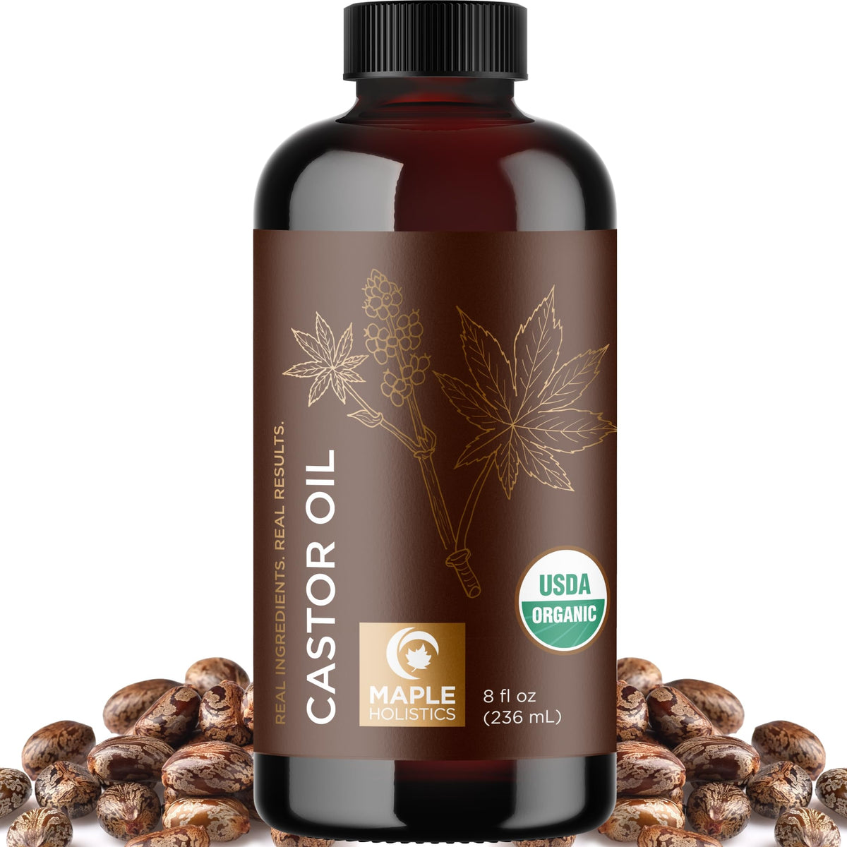 Maple Holistics Organic Castor Oil glass bottle front view