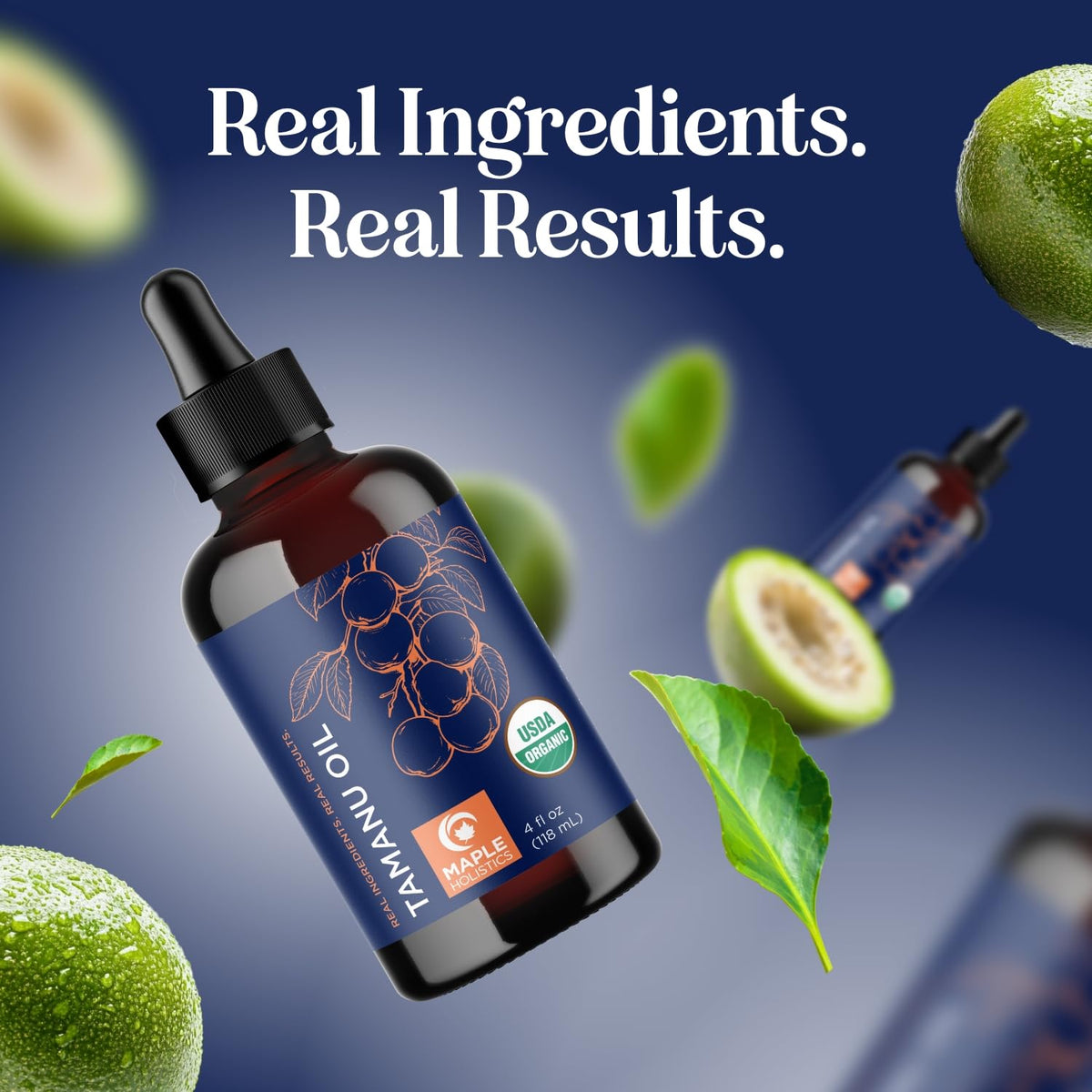 Maple Holistics Organic Tamanu Oil with a towel and flowers