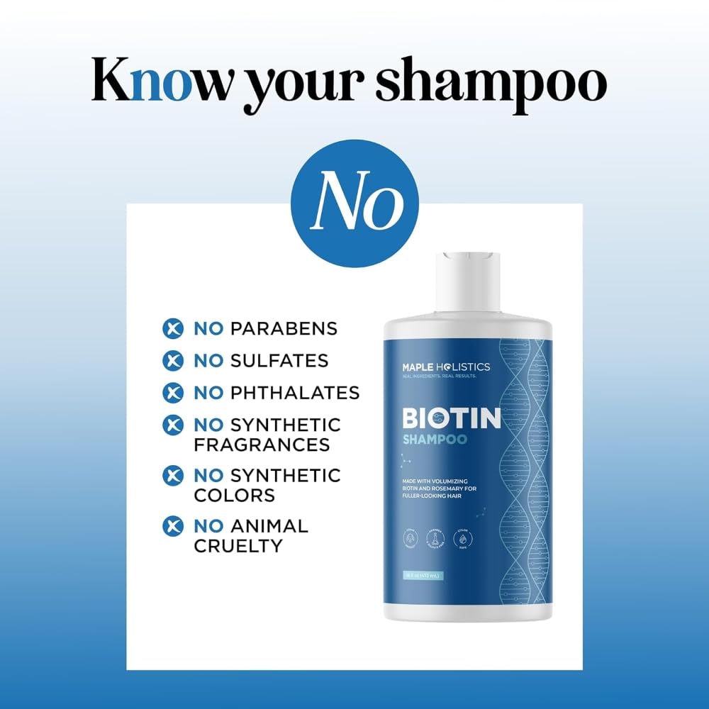 Maple Holistics Rosemary and Biotin Shampoo with ingredients displayed