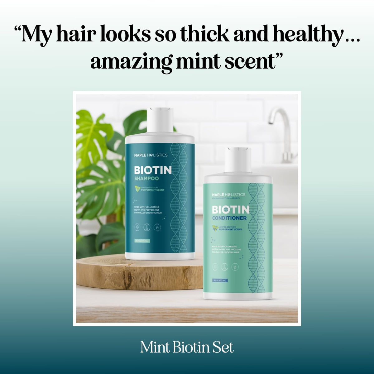Maple Holistics Volumizing Biotin Shampoo and Conditioner in bathroom setting