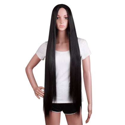 MapofBeauty 100cm Long Straight Black Anime Wig front view