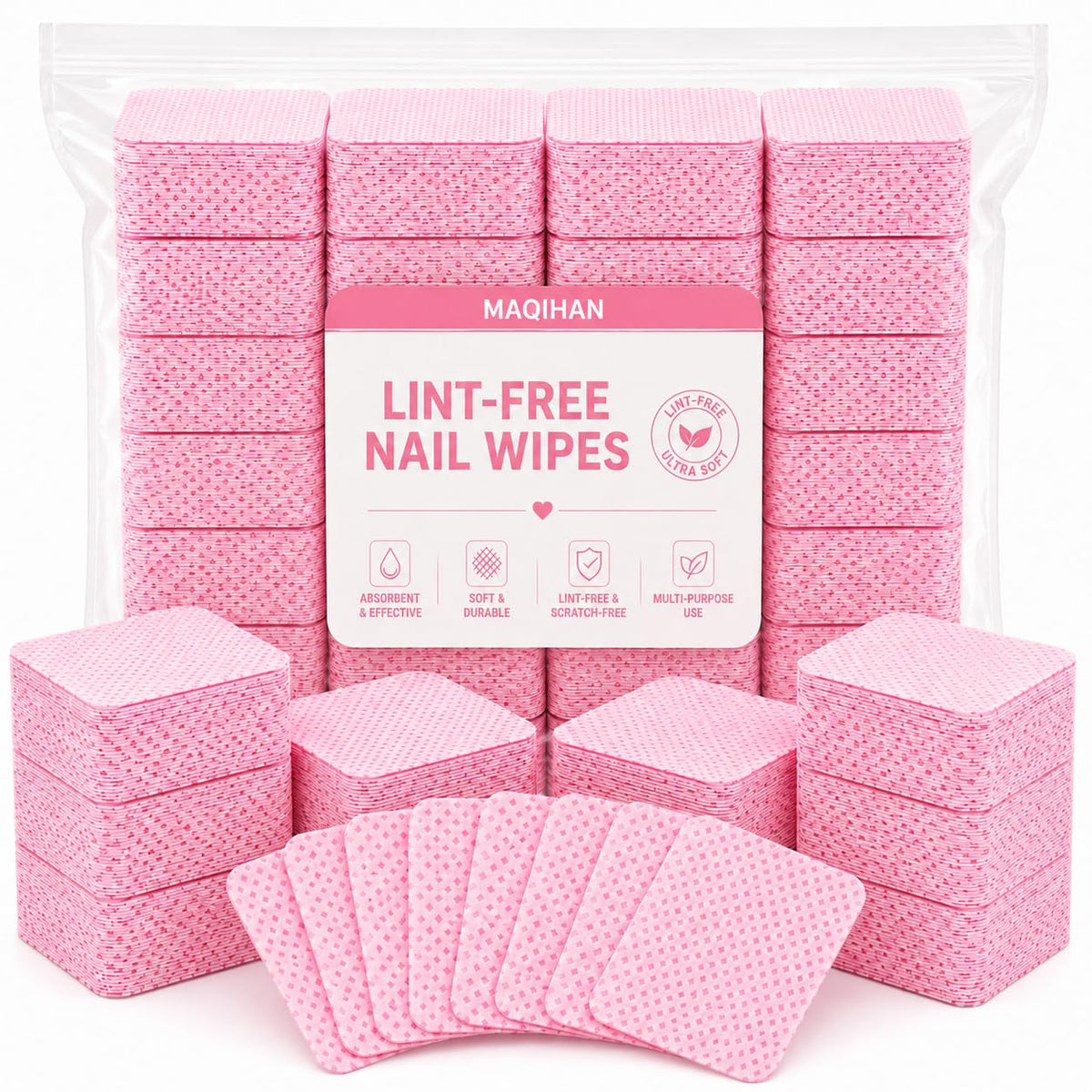 MAQIHAN 1500 Lint Free Nail Wipes pink packaging front view