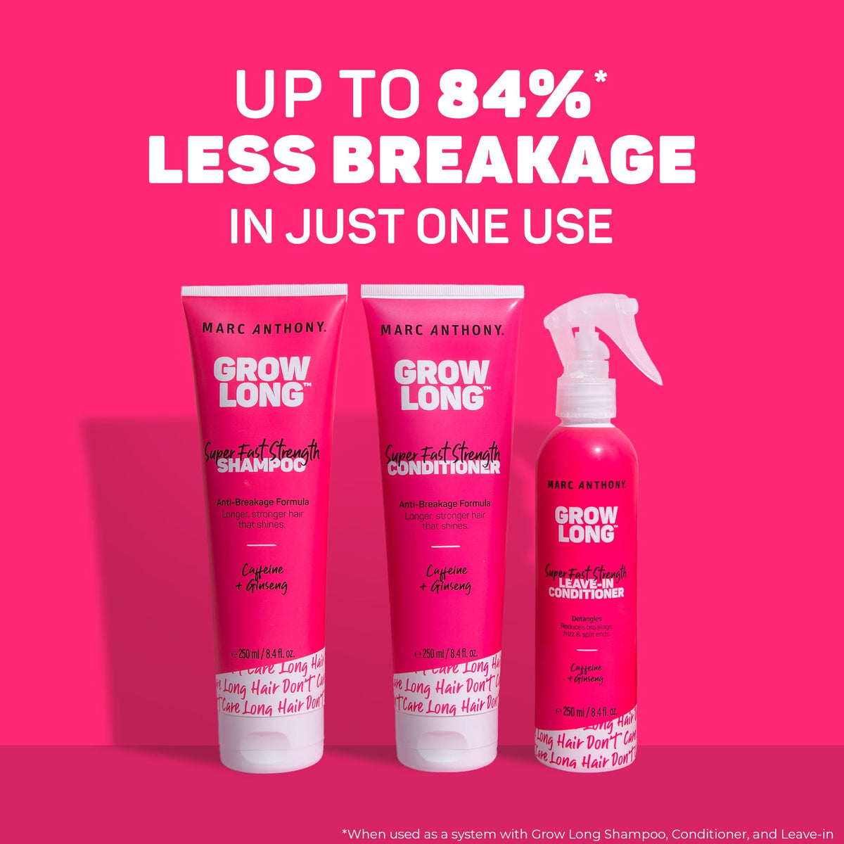 Marc Anthony Grow Long Shampoo and Conditioner Set on bathroom shelf