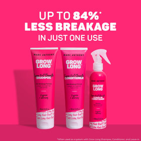 Marc Anthony Grow Long Shampoo and Conditioner Set on bathroom shelf