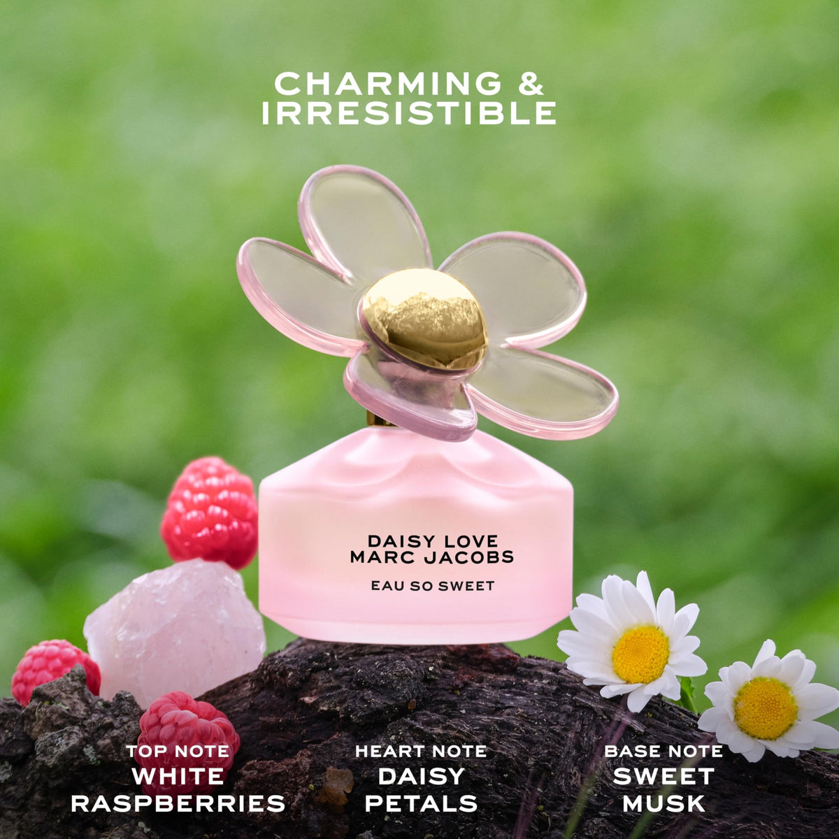 Marc Jacobs Daisy Love Eau So Sweet bottle with floral background