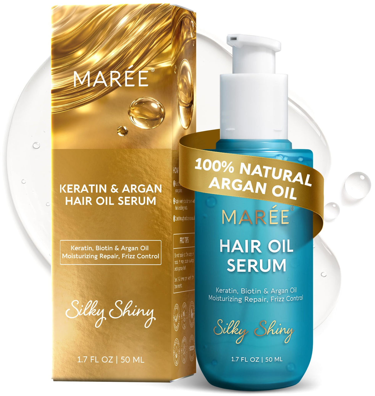 MAREE Hair Oil 50ml front view with argan oil bottle