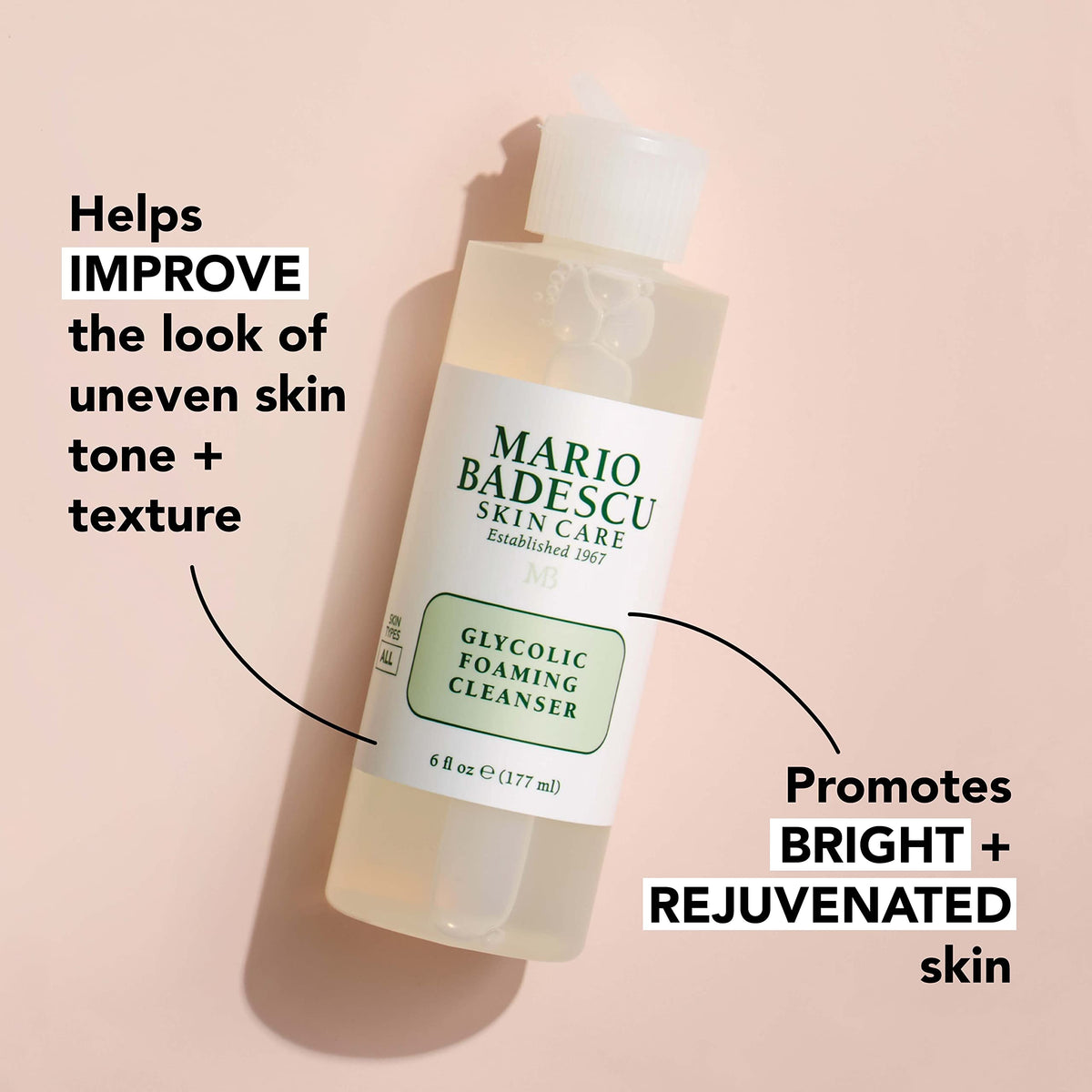 Mario Badescu Glycolic Foaming Cleanser with ingredients displayed