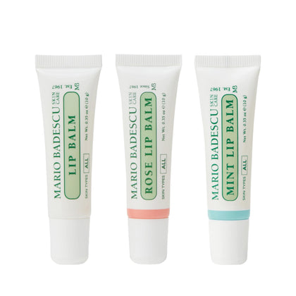 Mario Badescu Lip Balm Trio Pack front view with mint, rose, and original balms