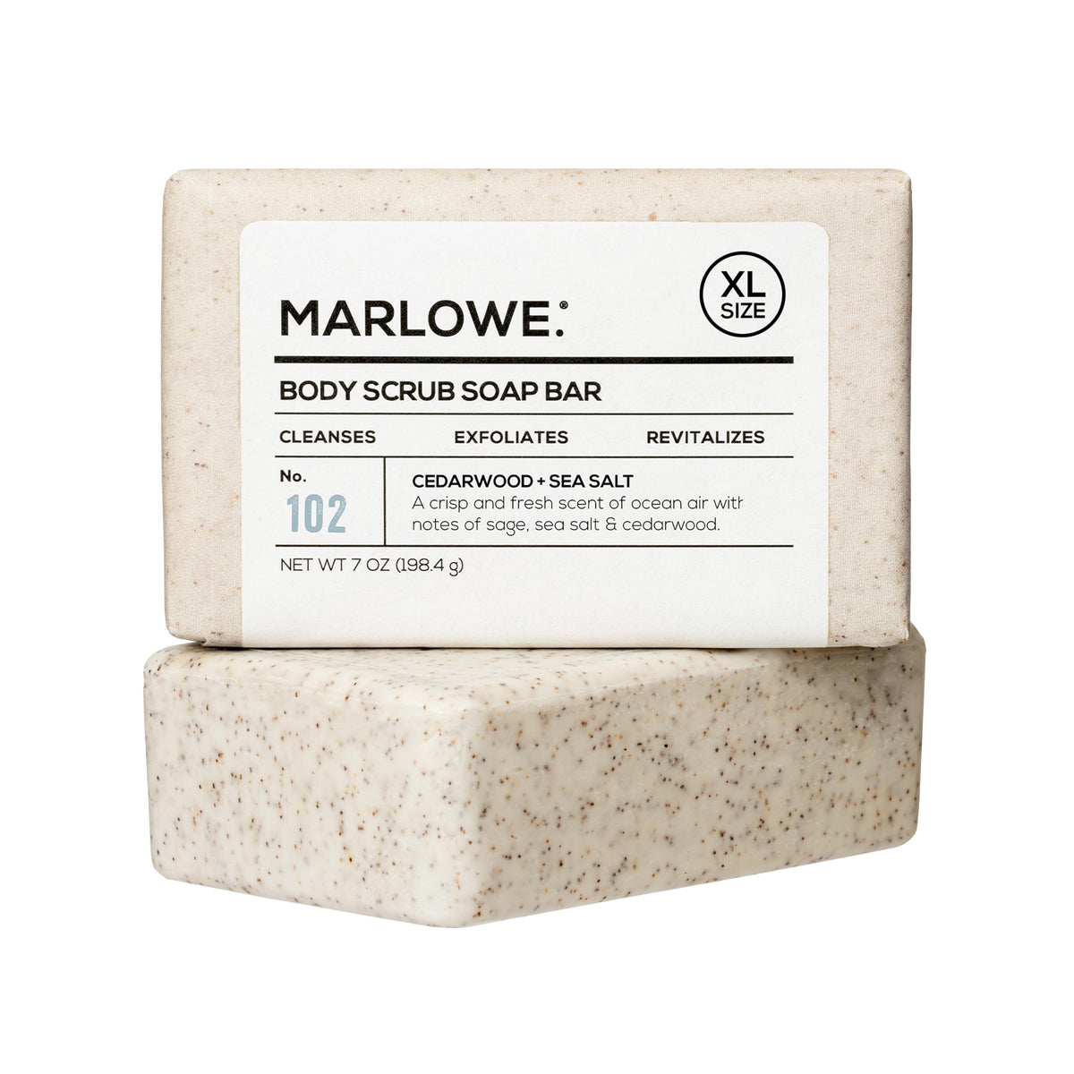 MARLOWE. Body Scrub Soap Bar Cedarwood & Sea Salt front view