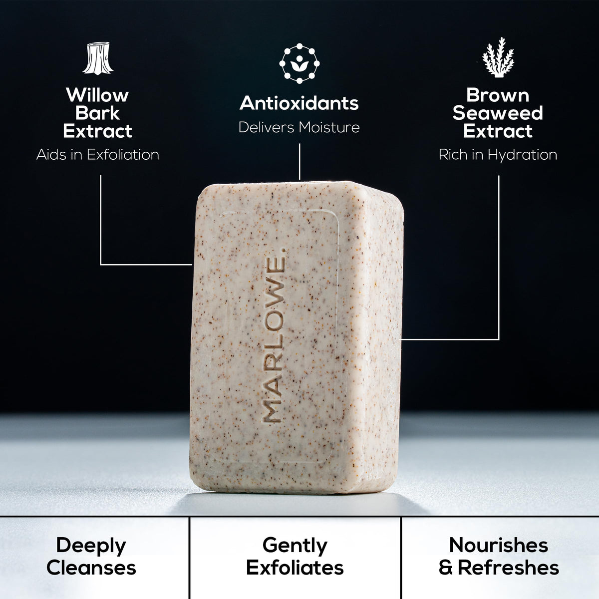 MARLOWE. Body Scrub Soap Bar on a wooden surface