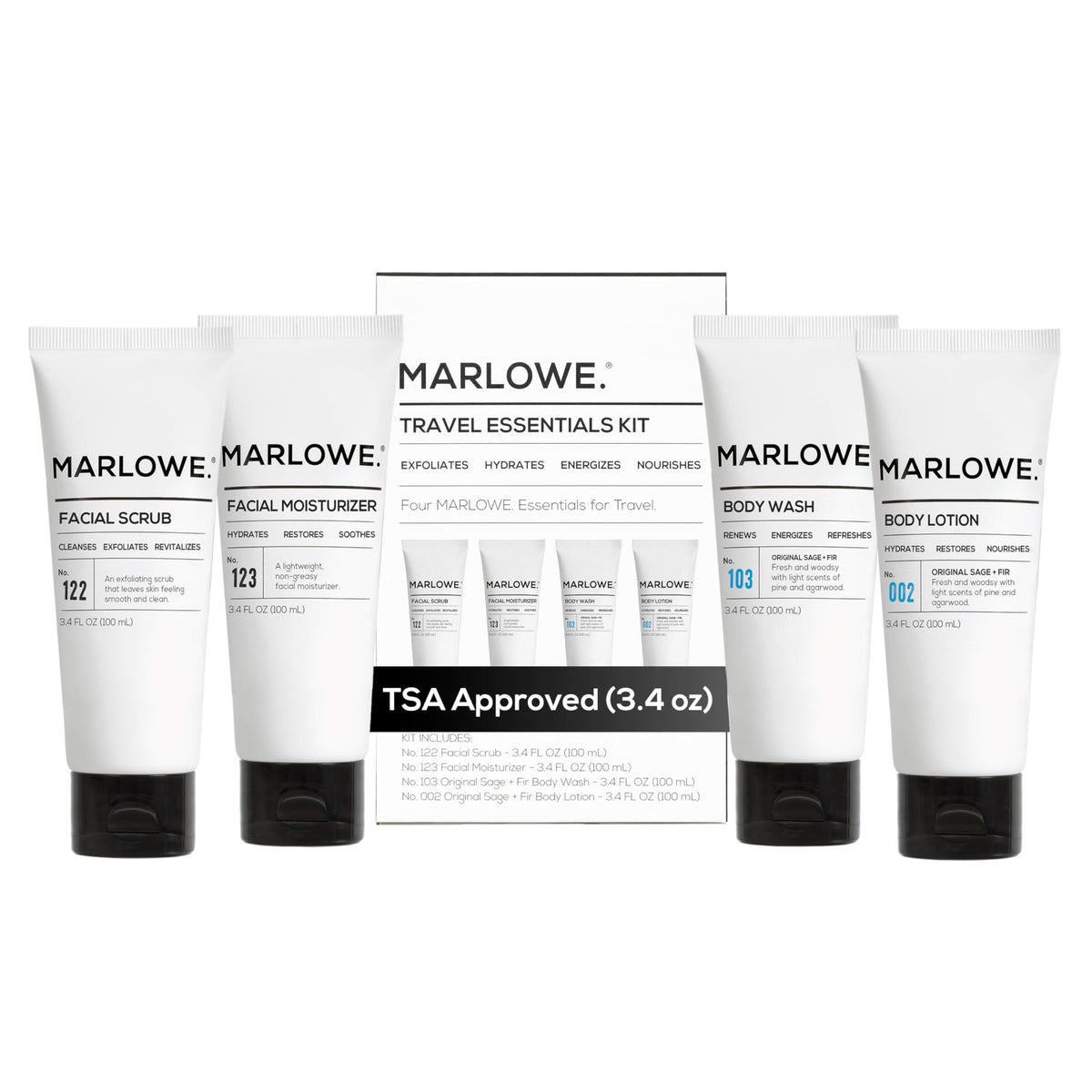 MARLOWE. Men's Travel Kit front view with all four products