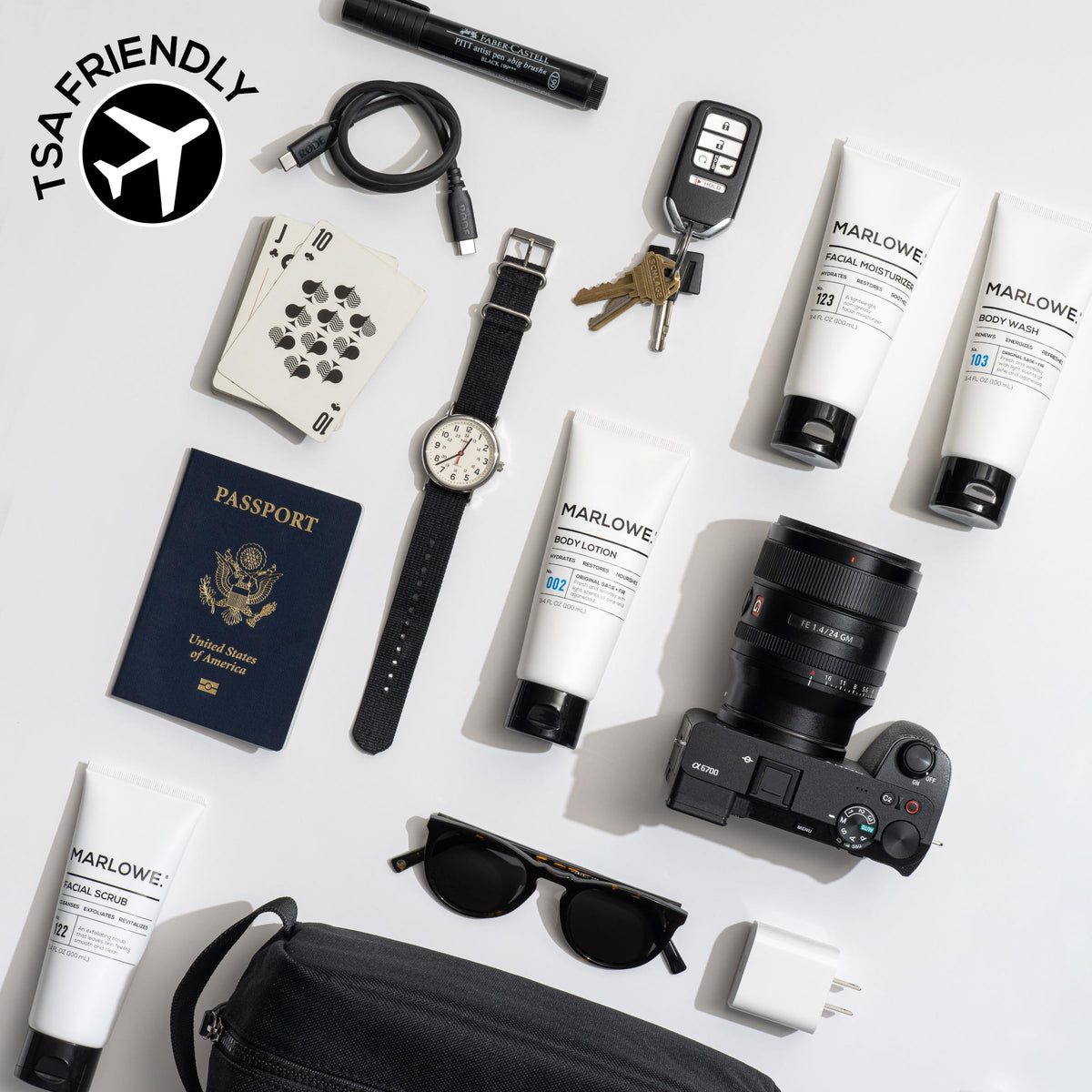 MARLOWE. Men's Travel Kit on travel bag for easy portability