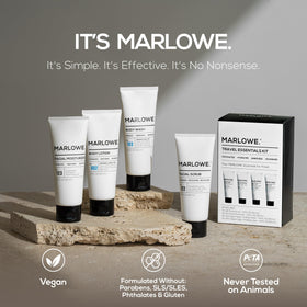 MARLOWE. Men's Travel Kit with body wash and lotion in bathroom setting