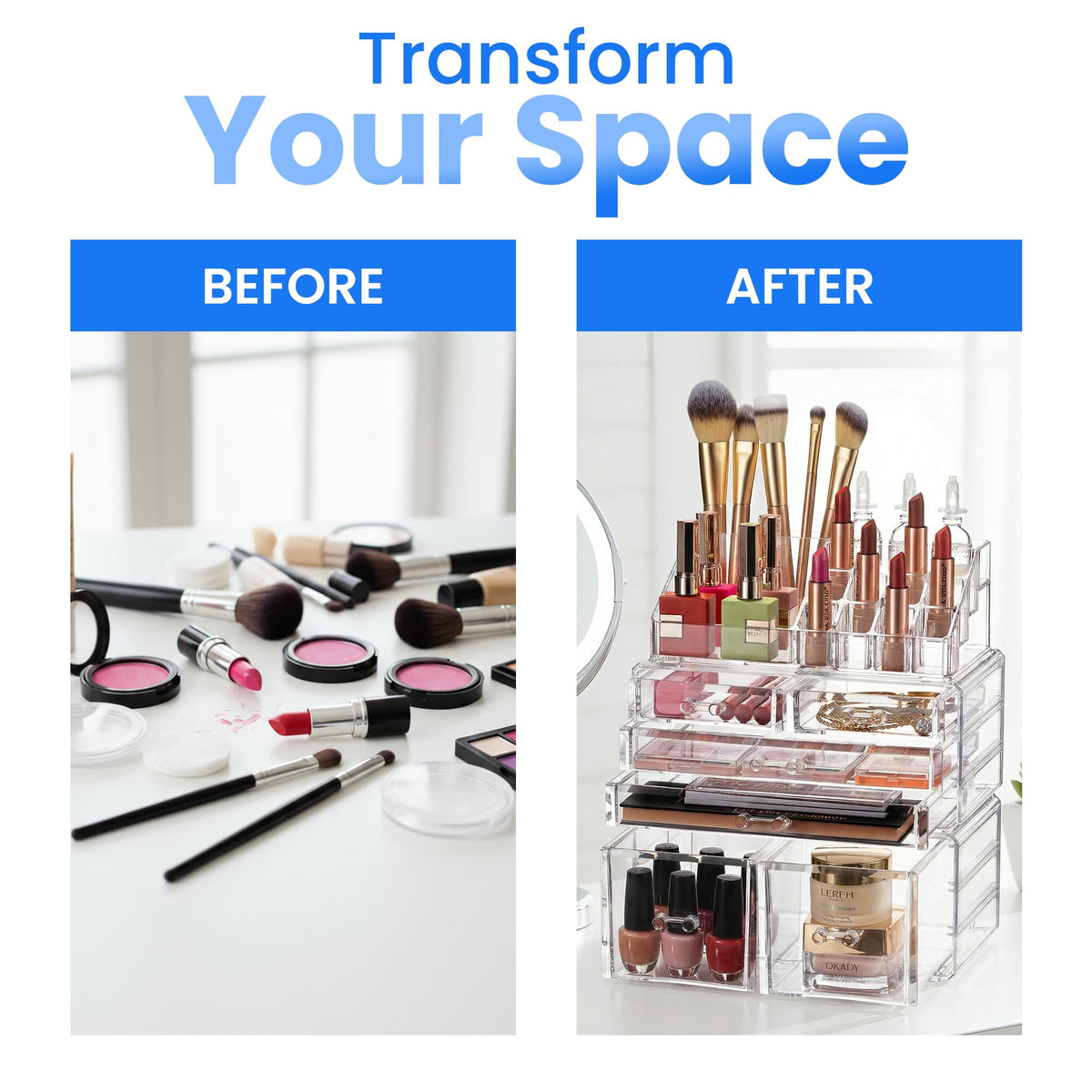 Masirs Clear Cosmetic Storage Organizer on vanity