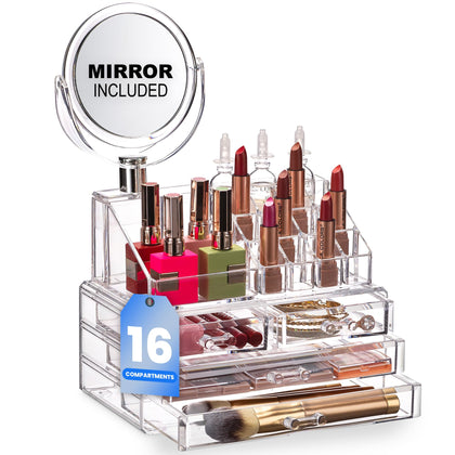 Masirs Clear Makeup Organizer front view with mirror