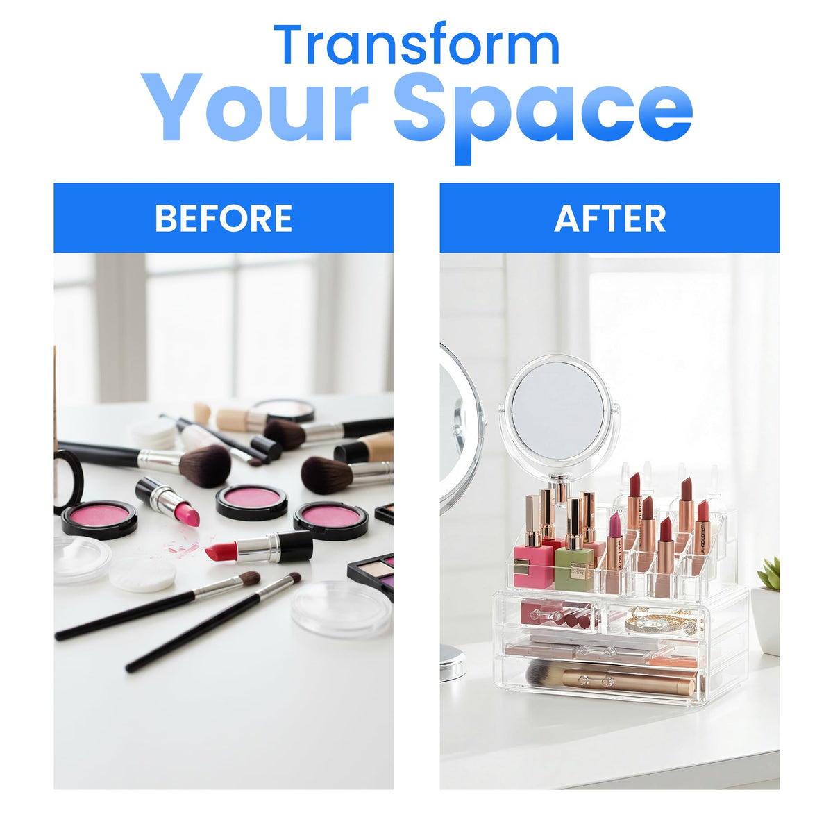 Masirs Clear Makeup Organizer lifestyle scene on vanity
