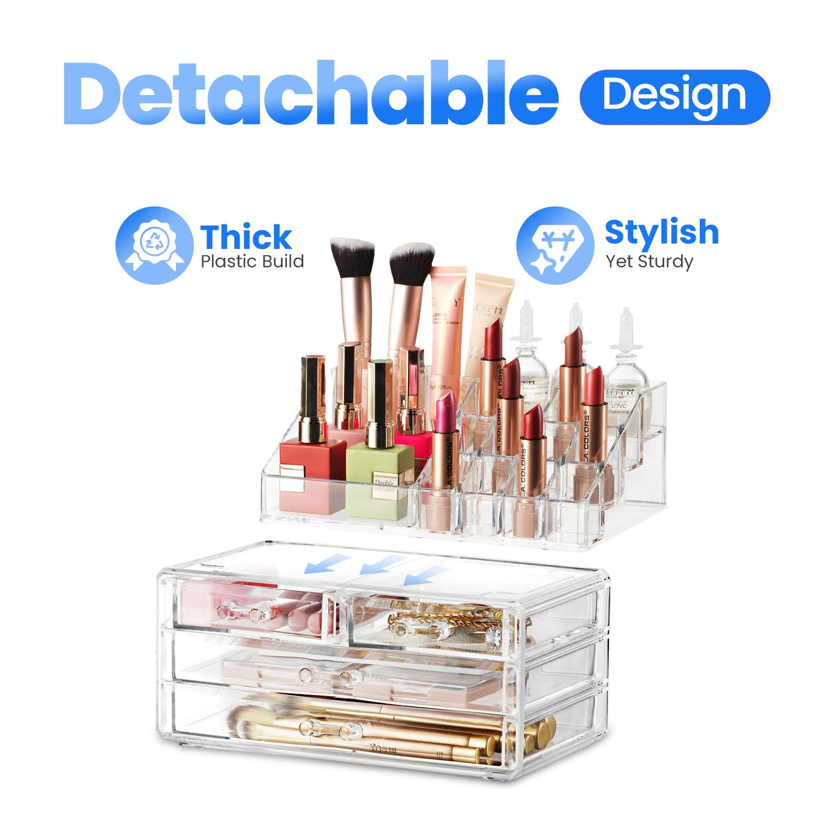 Masirs Clear Makeup Organizer on a vanity with beauty products