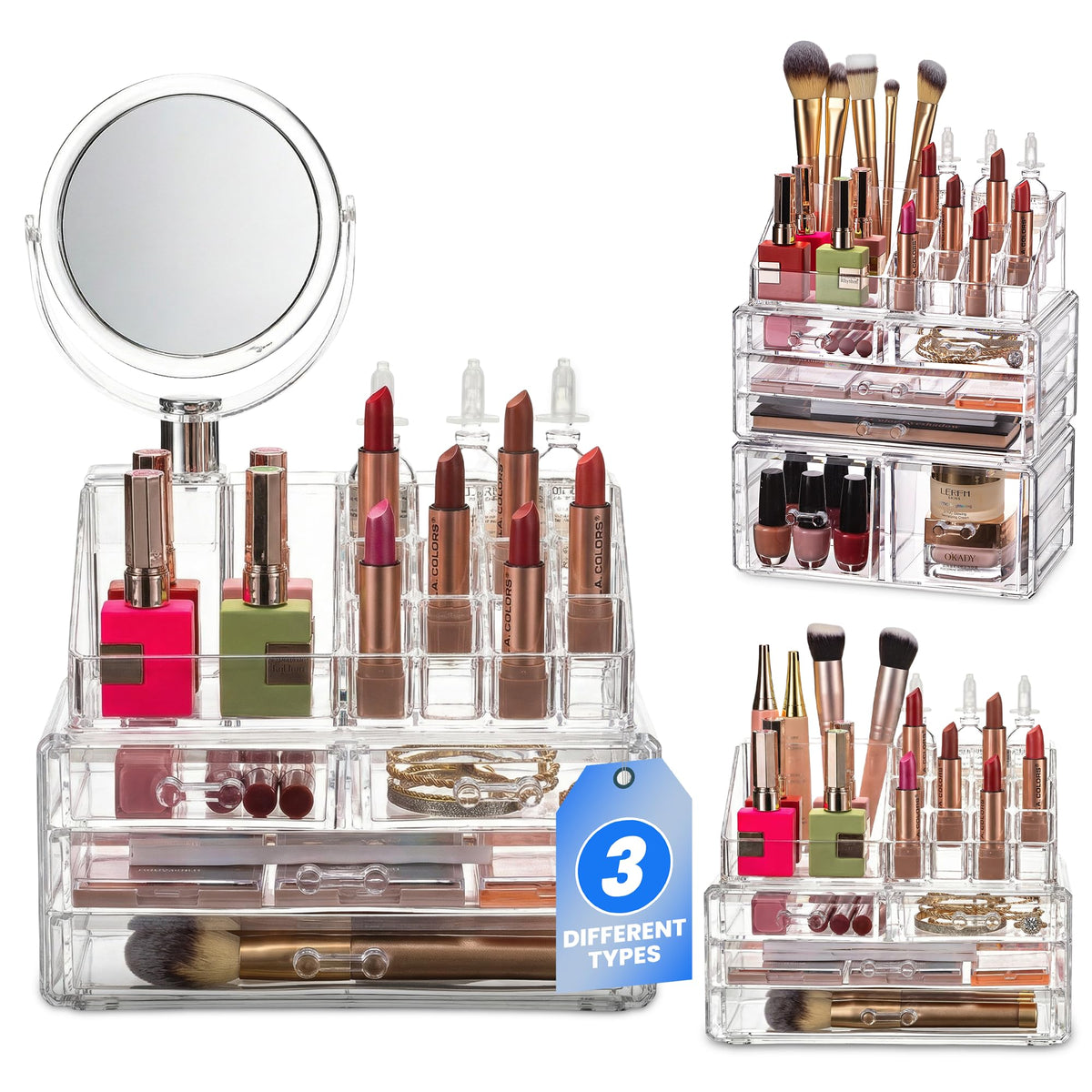 Masirs Clear Makeup Organizer with jewellery and skincare products