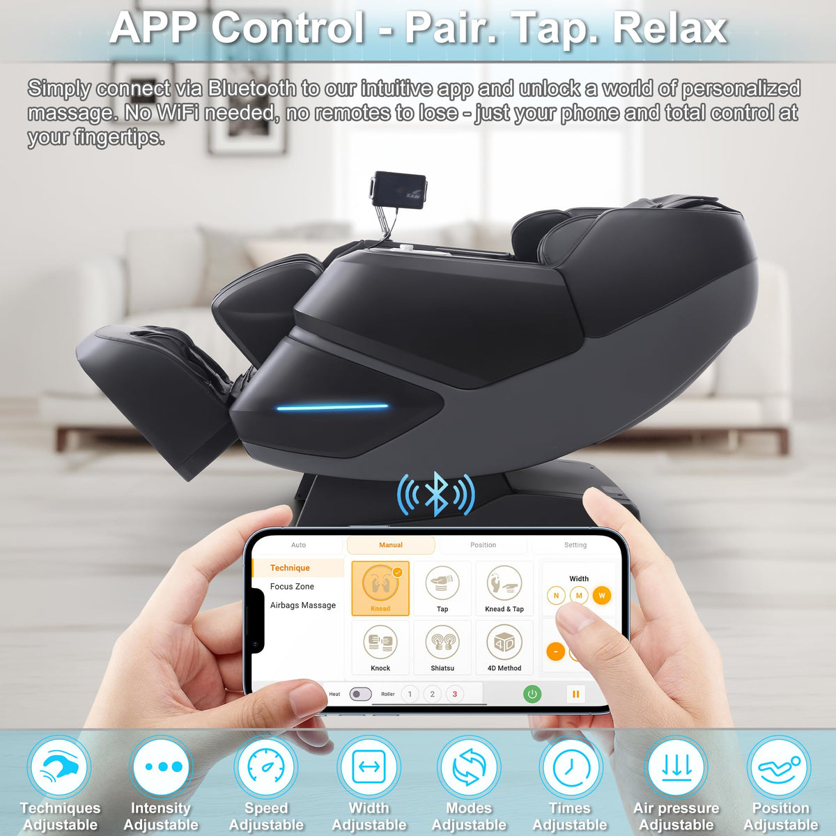 MassaMAX MT339 4D Massage Chair displaying touch screen controls