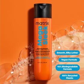 MATRIX Mega Sleek Shampoo on a vanity table
