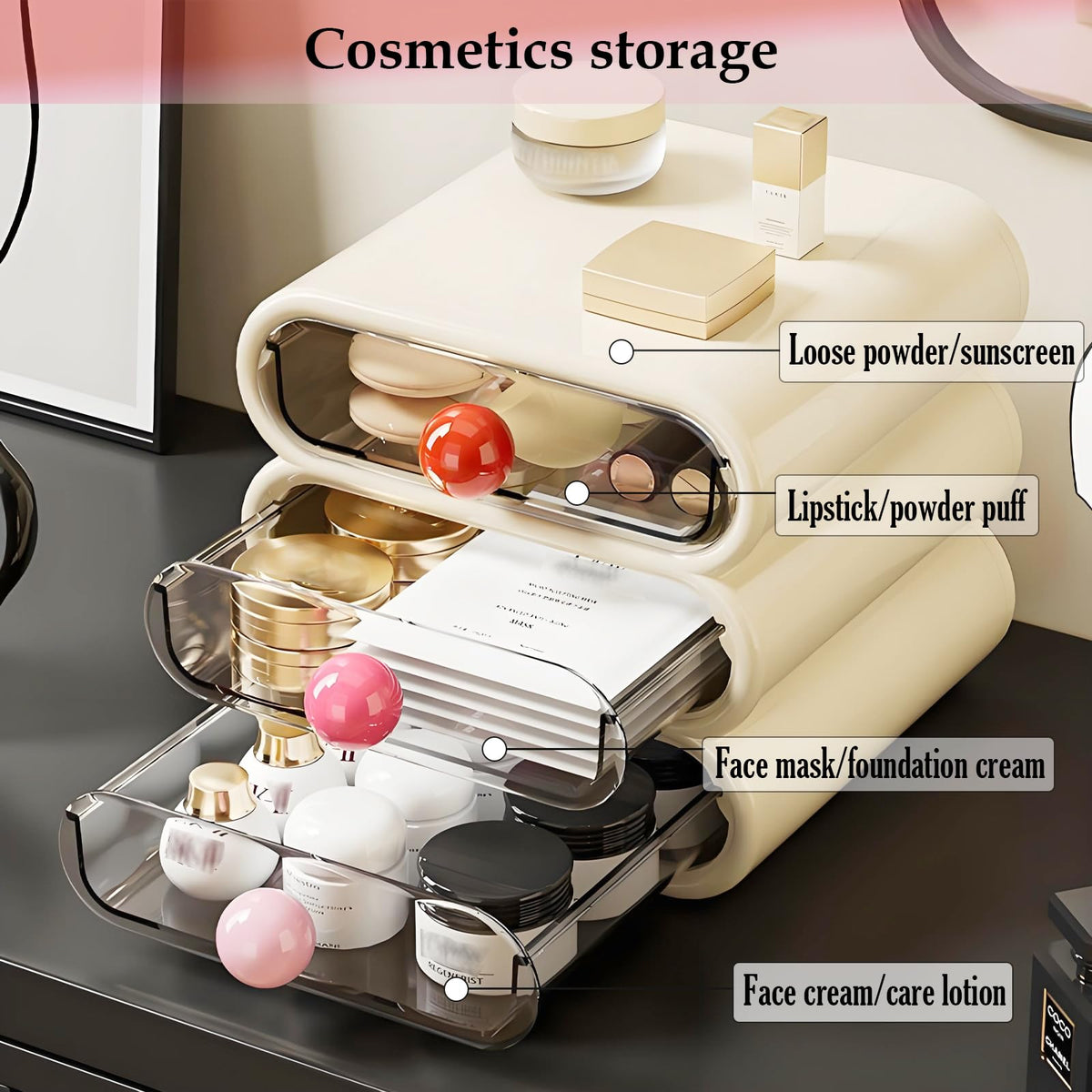 MavHubrix 3-Tier Drawer Makeup Organizer side view showing transparent front