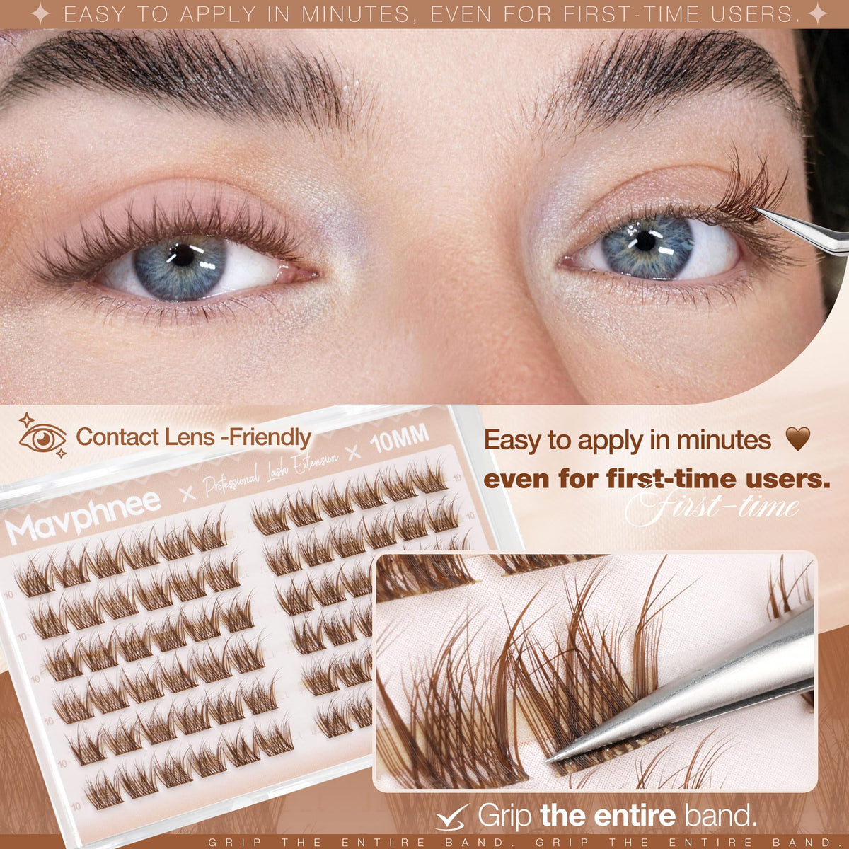 Mavphnee 10MM Brown Wispy Lash Clusters close-up