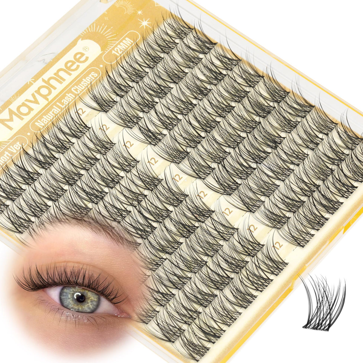 Mavphnee 12MM Natural Eyelash Clusters front view with clear band