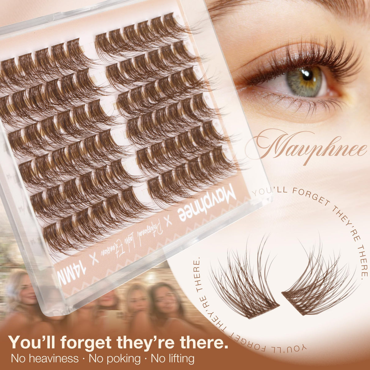 Mavphnee 14MM Brown Cluster Eyelash Extensions close-up of lashes
