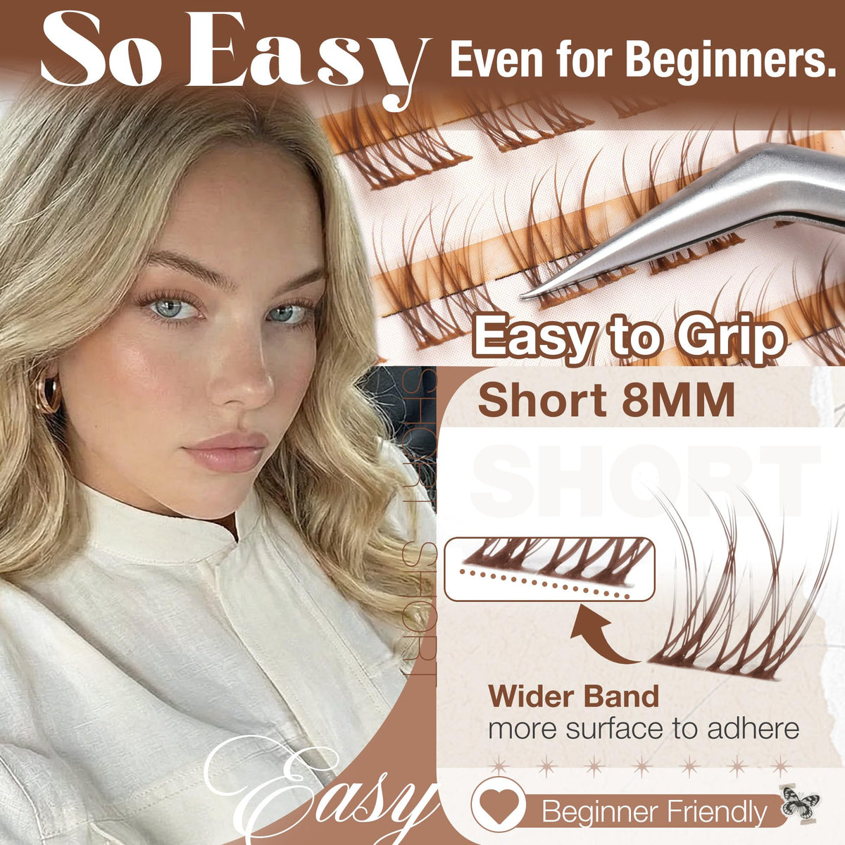 Mavphnee 8MM Brown Lash Clusters with makeup tools
