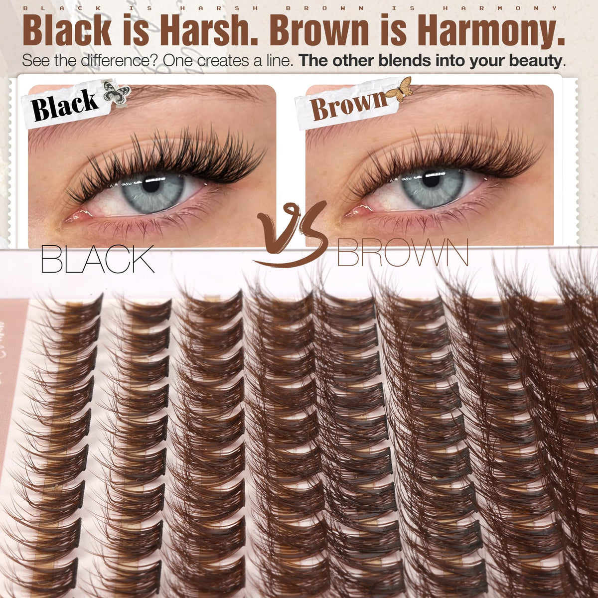 Mavphnee Brown Cluster Lashes with application instructions
