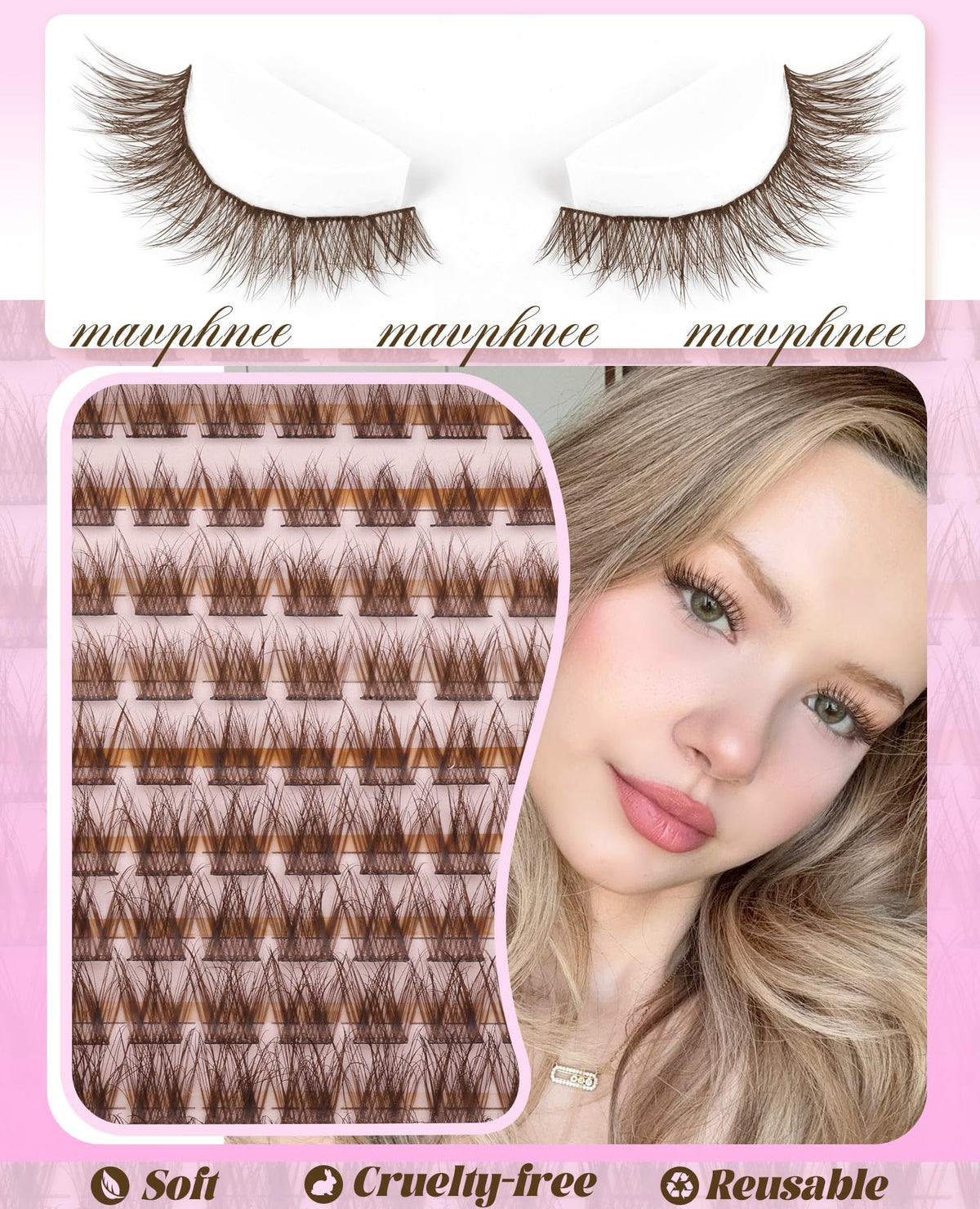 Mavphnee Brown Eyelash Clusters displayed on a model's eyes