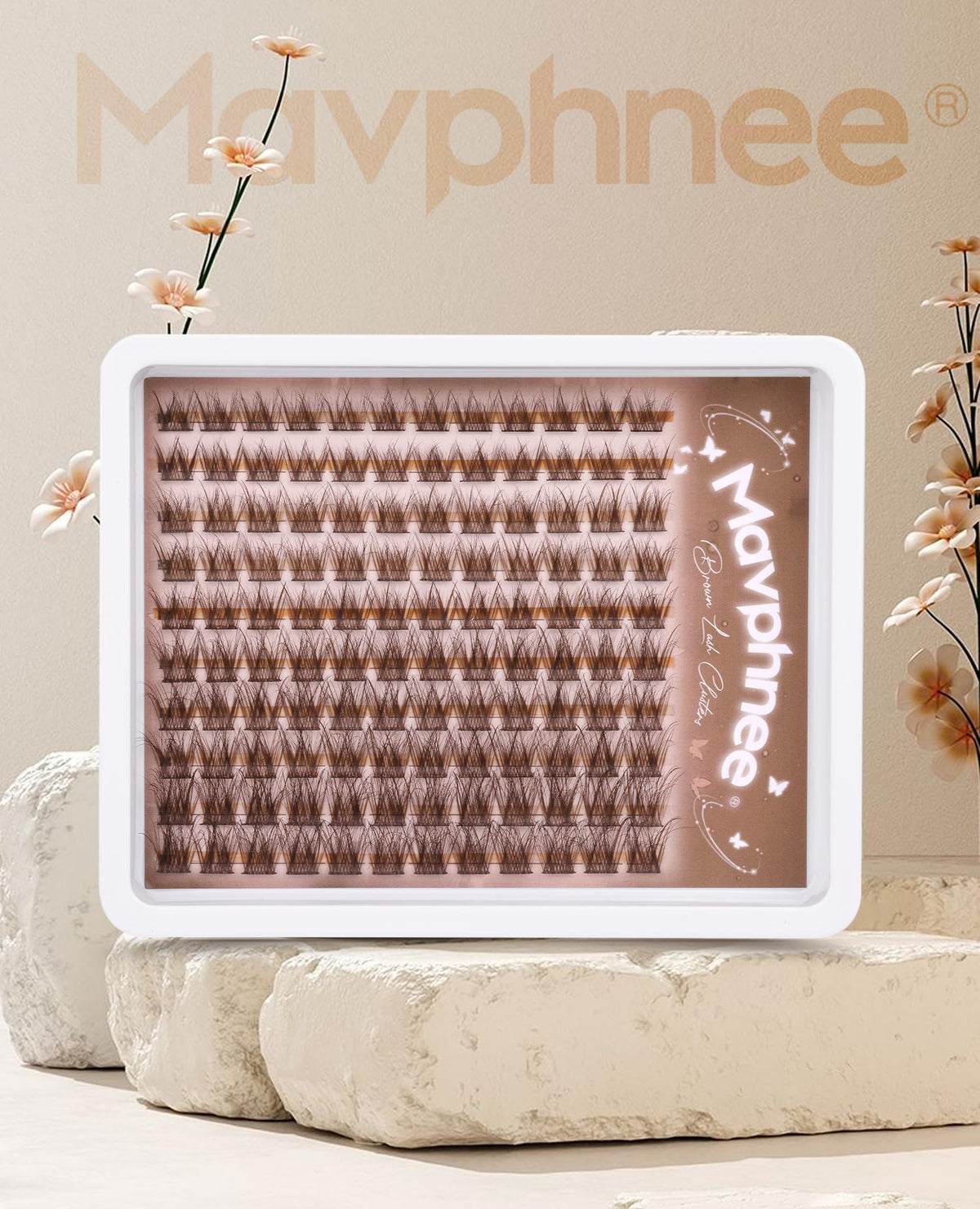 Mavphnee Brown Eyelash Clusters in a beauty routine setup